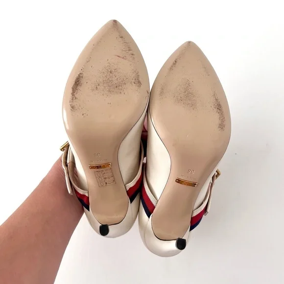 GUCCI | Sylvie Web Stripe Buckle White Leather Pumps EU 36 - Picture 14 of 16